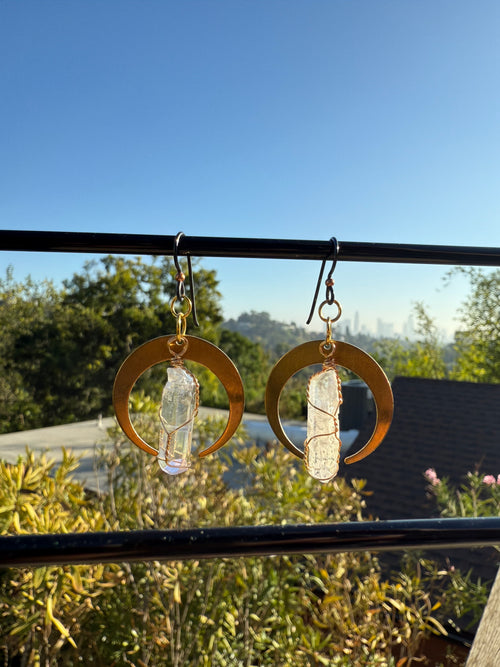 Crescent Moon Rainbow Quartz Earrings